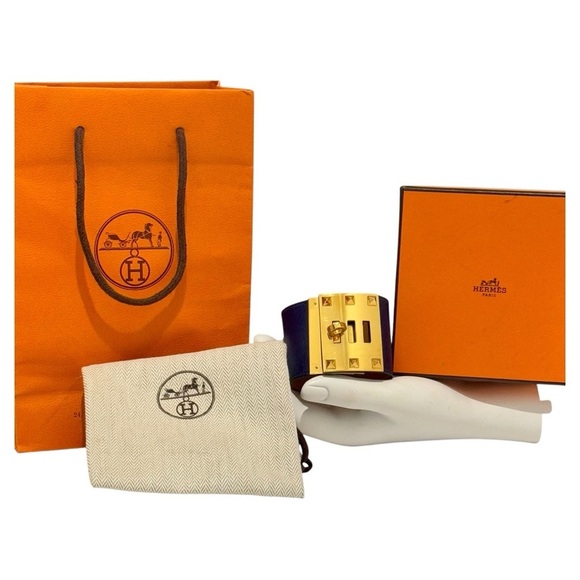 HERMES Kelly Extreme Dog Calfskin Blue R Stamp Gold Plated Wide Cuff Bracelet - Picture 3 of 15